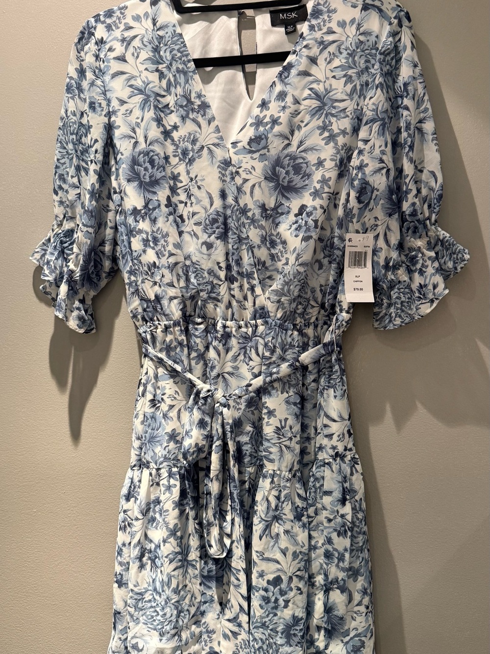 MSK Blue and White Floral Midi Wrap Dress